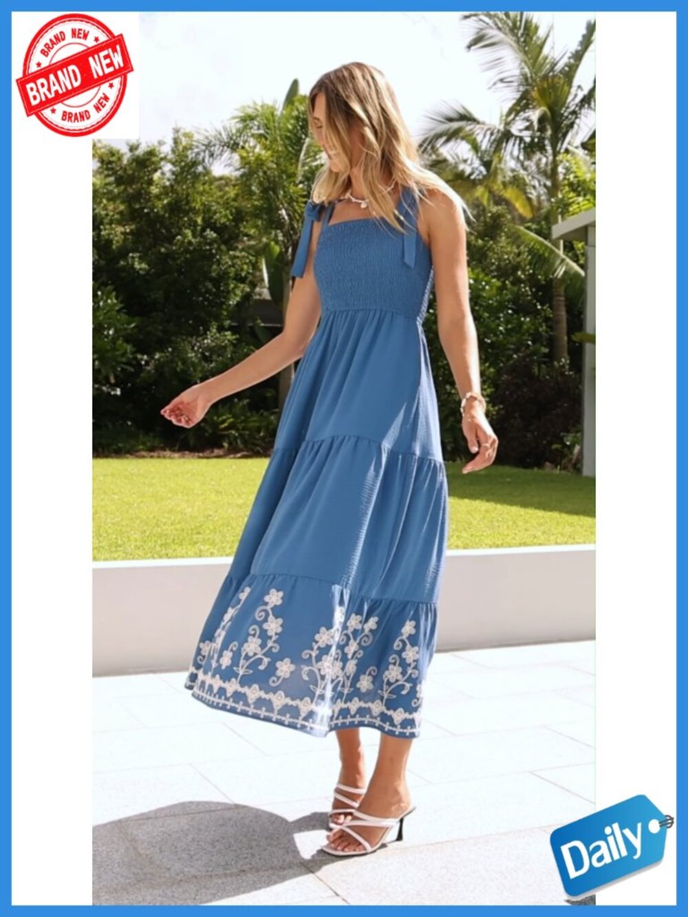Smocked Spaghetti Strap Embroidery Maxi Dress with Pockets - Picture 5 of 6